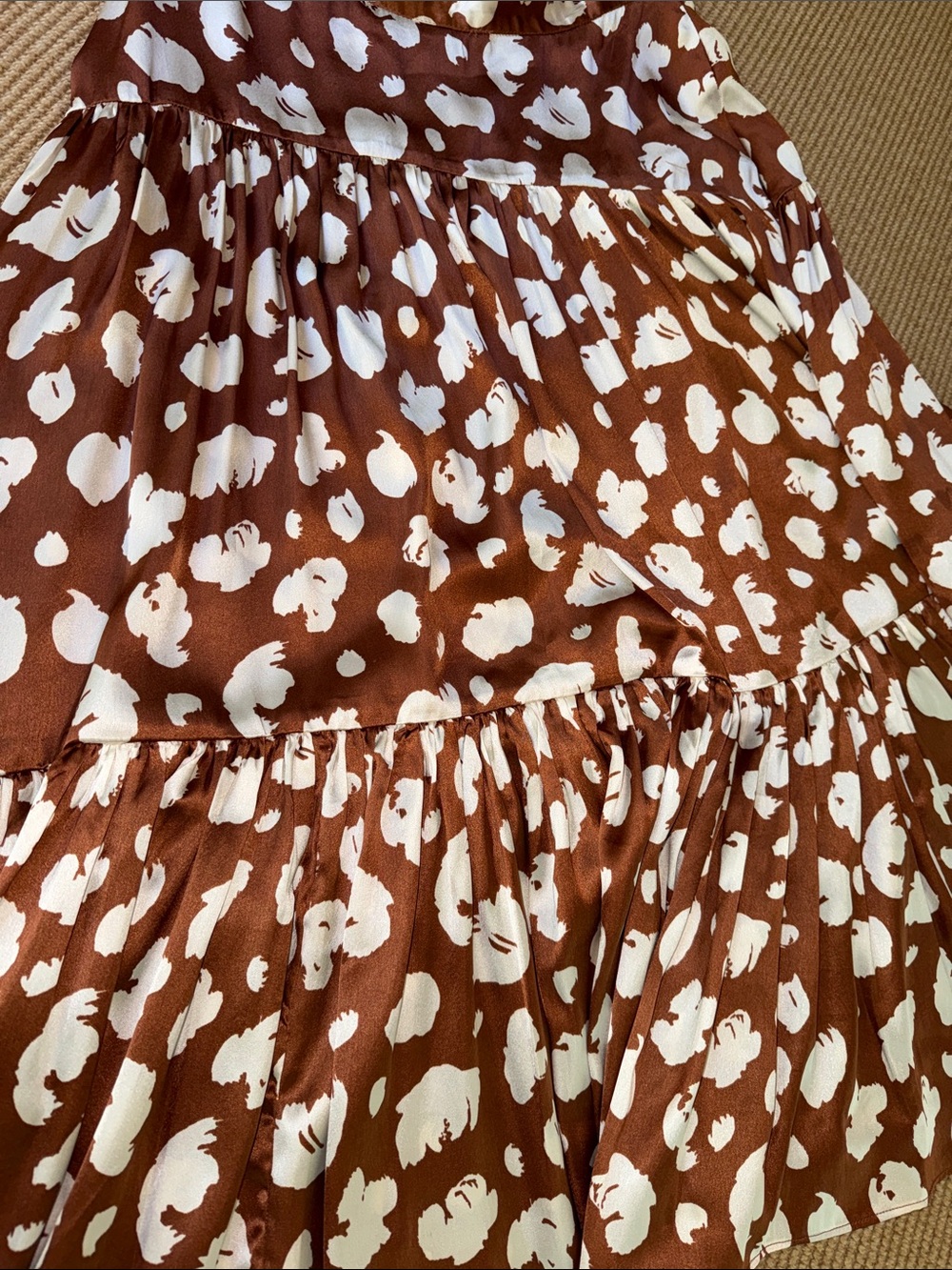 French Connection Tiered Satin Midi Skirt Brown w/ Cream Abstract Dot Print - Picture 3 of 4